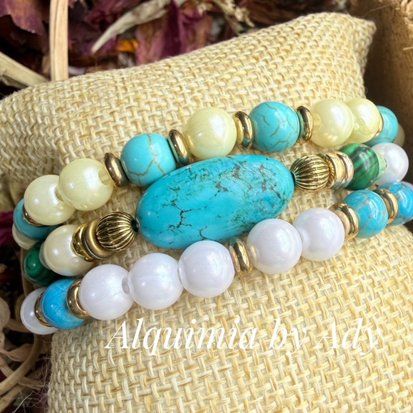 Grandma approved Turquoise and Pearl Bracelet Trio